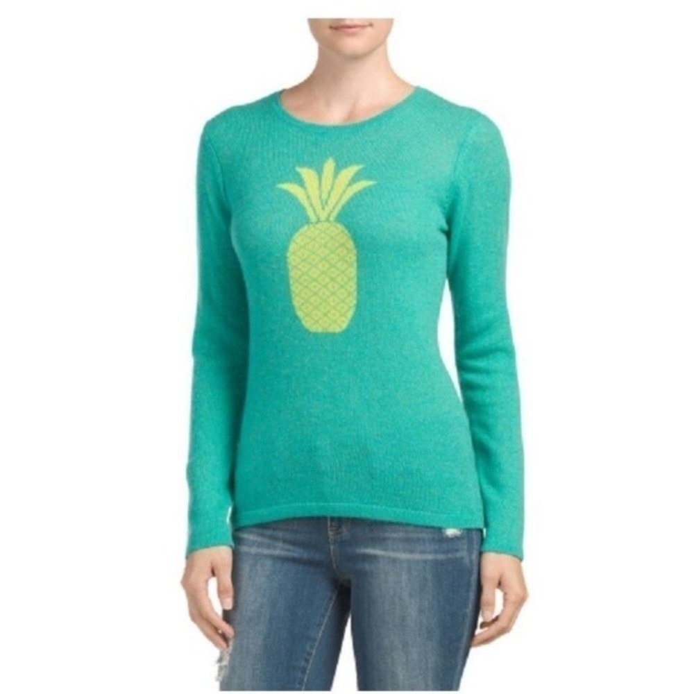 Hannah Rose Cashmere Intarsia Knit Sweater Pineapple Graphic Medium M Tropical